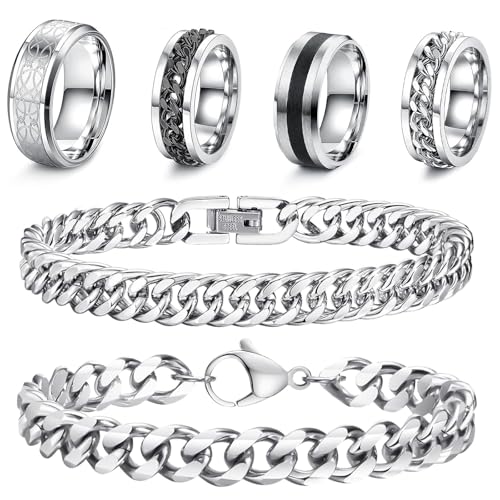 TZQFROCE 6 Stücke Armband Herren Silber 19cm Ringe Herren Edelstahl Armbänder Panzerkette Herr-en Arm-band Edelstahl Armbänder für Männer Schmuck Herr-en für Papa Freund Schmuck Geschenk