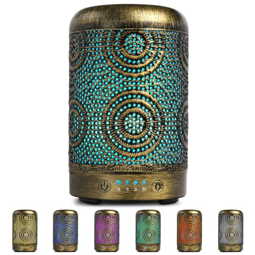 SALKING Aroma Diffuser, 100ml Metall Aromatherapie Raumduft Diffusor ätherische Öle, Duftöl Raumbefeuchter Elektrisch Duftlampe, 7 Farbe Licht Vintage Gold für Büro Zuhause Yoga