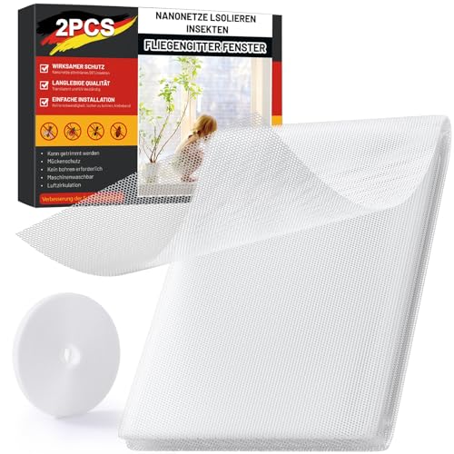 ZUIYIN Fliegengitter für Fenster (2er Set | 130 x 150 cm | Weiß) – Zuschneidbarer Insektenschutz & Mückenschutz Fenster ohne Bohren, Upgrade 2.0 mit Stärkerer Klebekraft