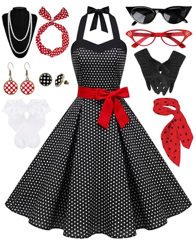 WILDPARTY 50er Jahre Outfit Damen, Rockabilly Kleid mit 10 Pcs Accessoires