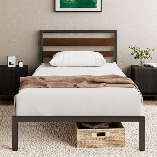Zinus Kai Bett 90 x 200 cm – 80 cm hoch – Nachhaltiger Bettrahmen aus Bambus und Metall mit Kopfteil – Metallbett mit Lattenrost – Unterbett Freiraum – Einfache Montage – Schwarz und Braun