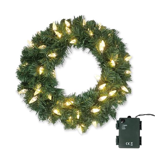 Gartenpirat Künstlicher Weihnachtskranz 45 cm beleuchtet mit 48 warmweißen LEDs batteriebetrieben Timer-Funktion Kranzgirlande für Türen Fenster Innen & Außen