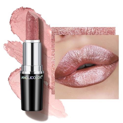 Anglicolor Glitzer Lippenstift Nude Rosa Metallic Glänzend Glossy, Shimmer Lipstick Pink Seidig Velvet Langanhaltend Feuchtigkeitsspendende, Vegan Lipgloss Damen Mädchen Make-up (07 PURE ENVY,4g)