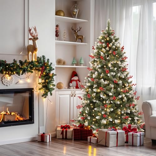 YITAHOME 230cm Künstlicher Weihnachtsbaum, Vorgeschmückt mit Schnee & 550 LED Beleuchtung, 82 Kiefernzapfen, 82 Beeren, ca. 1398 Spitzen, Tannenbaum mit Klappsystem & Metallständer, 228 x Φ135cm