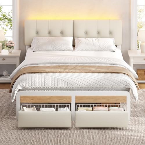 Bett 140x200 cm, Metallbett Bettgestell mit LED-Beleuchtung, Bettrahmen mit 2 Schubladen, Höhenverstellbares Kopfteil, Doppelbett mit Lattenrost, für Schlafzimmer, Gästezimmer, Leinenstoff Weiß
