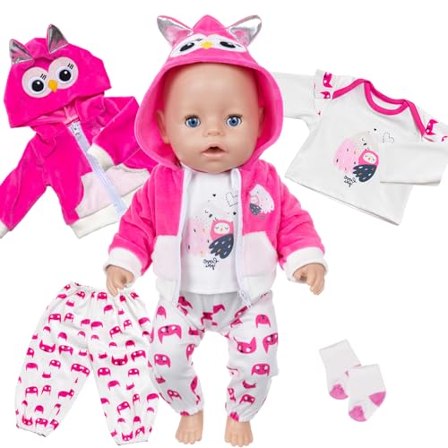 4 Stück Kleidung Outfits für 14-18 Zoll Baby Puppen, 30-43cm Baby Puppenkleidung Outfits zubehör 1 Bluse 1 Mantel mit Eulenmuster 1 Rosa Hose 1 Paar Socken Geburtstagsgeschenk für Mädchen 36cm