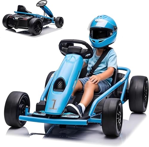 Kinder Elektro Go-Kart 24V - Elektroauto Mit Driftfunktion, 2x300W Hochleistungsmotoren, Bis 13 Km/h, 9Ah Akku, Soft-Start, Musik & Hupe, Vollmetallrahmen, Extra Breiter Sitz - Für 8-12 Jahre, Blau