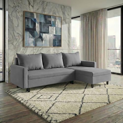 FORNIRO 24 – Oslo Ecksofa mit Schlaffunktion und Bettkasten, L-Form Sofa 215 cm kompakt und modern, universell Links oder rechts montierbar, hochwertige Couch, perfekt für Wohnzimmer (Grau)