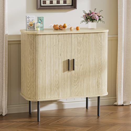 BonVache Sideboard, Buffet-Aufbewahrungsschrank für Wohnzimmer, Küchenschrank mit Tambour Schiebetür, Aufbewahrungseinheit für modernes Zuhause Esszimmer, Natürlich