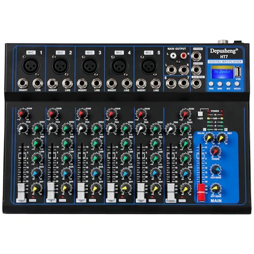 Depusheng HT7 Tragbarer Bluetooth-Audio-Mixer mit USB-DJ-Sound-Mischpult MP3-Buchse 48-V-Stromversorgung für Computeraufnahmen, 7-Kanal-Band-Mischpulte für Studioaufnahmen