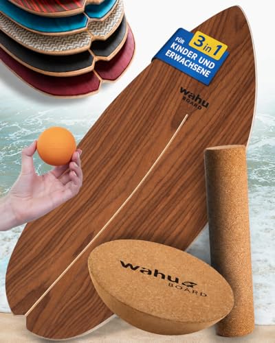 WAHU Balance Board Burning Wooden Brown | 3in1 Set | Surf Balance Board aus 100% Holz mit Rocker Shape & Rolle | Gleichgewichtstrainer für Kinder & Erwachsene | Fitness & Spaß Zuhause