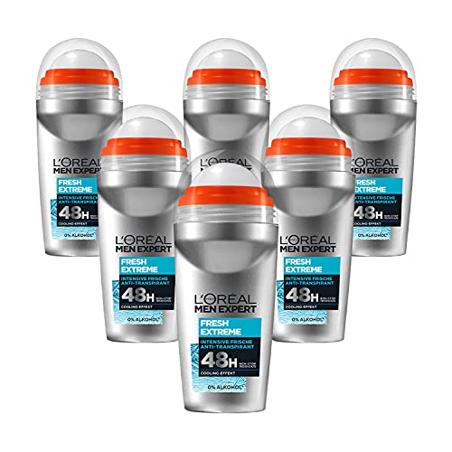 L'Oréal Men Expert Kühlendes Deo für Männer, Intensiver Deoroller gegen Geruchsentwicklung für 72 Stunden, Ultra Cooling Effekt, Fresh Extreme, 6 x 50 ml