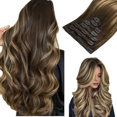 hotbanana Clip In Extensions Echthaar, Balayage Schokoladenbraun bis Karamellblond Unsichtbar Clip In Echthaar Extensions Günstig Haarverlängerung Glatt Remy Hair Extensions 35cm 120g 7 Stück