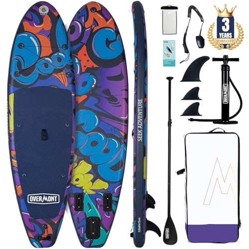 Overmont SUP Board Aufblasbar Stand Up Paddle Board für Erwachsene 323x84x15 cm, Komplettes SUP Set mit Verstellbarem Paddel, Pumpe, Rucksack, Leash & 3 Finnen-Graffiti Design
