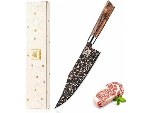 zayiko ShadowMagma Chefmesser, 21,5 cm Damast Kochmesser aus 73 Lagen Damaststahl mit VG10 Kern und V Schliff ca. 15°, mit Kupfer und Bronze Einlage, Griff aus Apfelwurzelholz, Geschenkbox