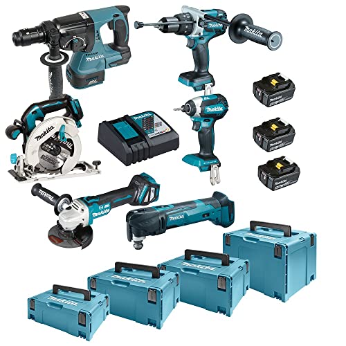 Makita DLX6085TJ Akku-Kombo-Kit 18V (DHR243+DHP481+DTD153+DHS680+DGA513+DTM51) / 5,0 Ah, 3 Akkus + Ladegerät + 4x MAKPAC