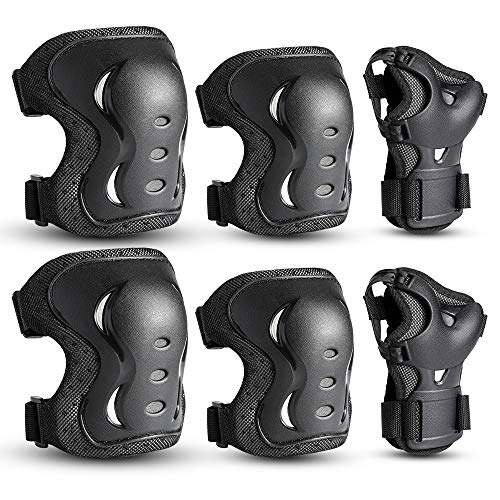 Kinder&Erwachsene Knieschoner Set, Schützerset 6 in 1 mit Knie-Ellbogen-Handgelenkschoner, Schutzausrüstung Verstellbare Handgelenkschoner für Skaten Skateboard Radfahren (CC L)