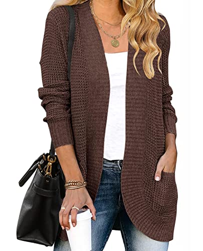 ZESICA Damen-Strickjacke für Herbst und Winter 2025, langärmelig, vorne offen, lässig, leicht, weich, Strickjacke, Oberbekleidung, Kaffee, Mittel