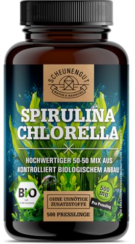 Spirulina Chlorella Tabletten -BIO- 6000mg je Tagesdosis I WICHTIG: 100% zertifzierte Bio-Ware I 500 Chlorella Spirulina Presslinge aus biologischem Anbau I Vegan DE SCHEUNENGUT®