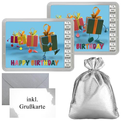 Silberbarren zum Geburtstag in Flip-Motivbox „Happy Birthday“ von Silberstücke24 – Feinsilber 999 CombiBar – Geschenkfertig mit Grußkarte (5g Silber)