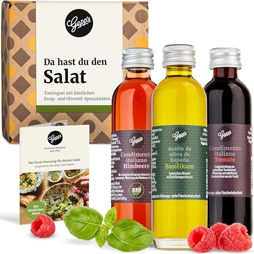 Gepp’s Feinkost 3er Mini Essig Set I Essig Geschenkset für Genießer I Tomaten Balsam, Basilikumöl & Bio-Himbeeressig I Essig Geschenkbox I Ideal für Salate, Käse & mehr I Mini Flaschen à 40 ml