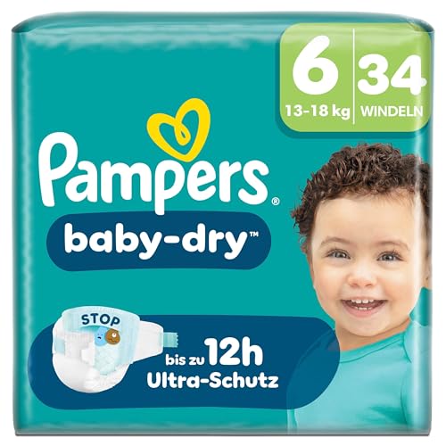 Pampers Baby-Dry Größe 6, 34 Windeln, 13kg-18kg, Bis zu 100% Auslaufschutz & Komfort die ganze Nacht