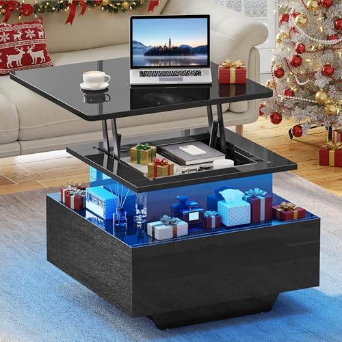 YITAHOME Couchtisch Höhenverstellbar mit LED Beleuchtung Modern, 60x60x45cm, Wohnzimmertisch Hochglanz mit Offenem Ausstellungsregal und 2 Schubladen
