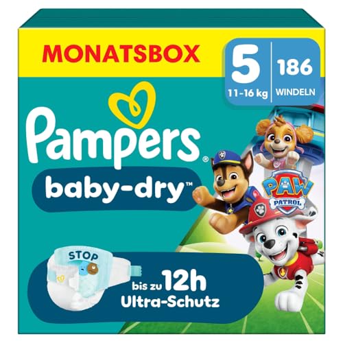 Pampers Baby-Dry Paw Patrol Edition Größe 5, 186 Windeln, 11kg-16kg, Bis zu 100Prozent Auslaufschutz und Komfort die ganze Nacht
