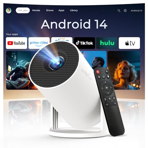 Mini Beamer 4K 1080P unterstützt Klein Projektor mit WiFi 6 Bluetooth 5.4, Auto Keystone Smart Portable Projector, Android 14 mit Apps, Kompatibel mit iOS/HDMI/USB/iPhone LYNCAST OptiBarrel 500 White
