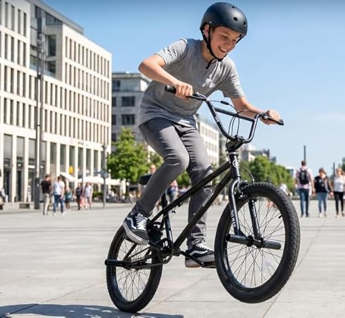 LSBIKE 20 Zoll BMX Bike, Freestyle Fahrrad mit Leichter Stahlrahmen, 360° Drehbarem Lenker, Aluminiumräder, Bike mit Vorder- und Hinterrad-U-Bremse, 4 Pegs, Für Teenager & Erwachsene(Schwarz)