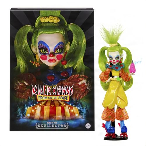 Monster High Skullector Shorty-Puppe, Killer Klowns from Outer Space Sammelfigur mit grünen Haaren, gelbem Clown-Outfit, Ballonschuhen und Puppenständer, JMG88