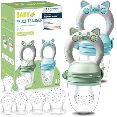 Fruchtsauger Baby, 2 Stück Obstschnuller für Babys ab 3 Monate, 2023 Upgrade Version, Schnuller Zum Befüllen, Breisauger, Obst Schnuller Baby, BPA frei, 8 Silikon Sauger in 3 Größen