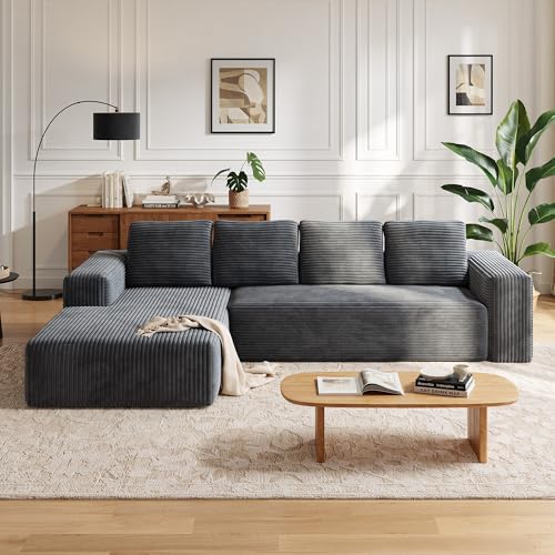 Wumagin 261cm Modulares L-förmiges Ecksofa mit Schlaffunktion, rahmenloses 4-Sitzer-Schlafsofa, Cord Bodensofa mit Ottomane für Wohnzimmer, Freistehend, Keine Montage (Grau)