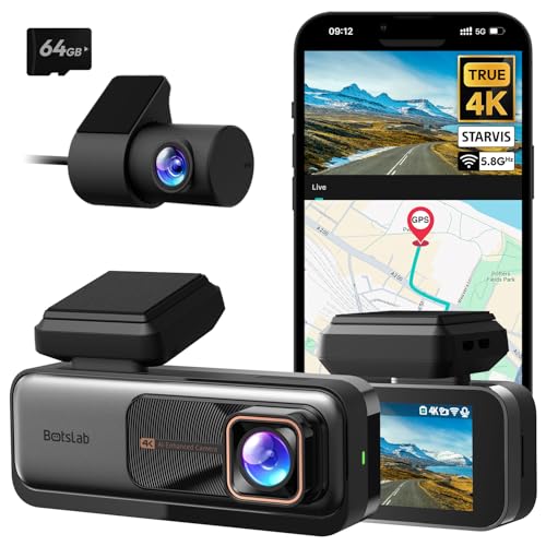 BOTSLAB Dashcam Auto Vorne Hinten, 4K Dashcam Auto GPS mit WiFi, Dual Autokamera mit 64GB SD Karte, ADAS, Nachtsicht, 170°Weitwinkel, WDR, 2,45
