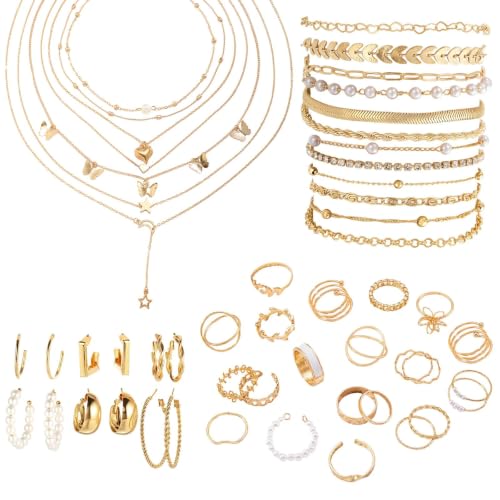 ZXTGBQ Schmucksets für Damen, jewellery, Gold Schmuckset für Frauen mit 6 Halsketten, 12 Armbändern ketten set, 6 goldene Creolen, 22 ringe gold set, Modeschmuck jewelry Accessoires für Geschenke