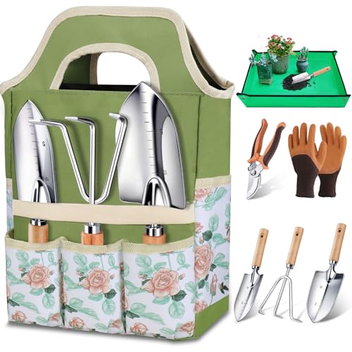 Kynup Gartenwerkzeug Set, 7-teiliges Gartenset aus Edelstahl mit Gartengeräte Tragetasche, Robustes Rostfrei Garten Werkzeug Set, Ideale Garten Geschenk für Frauen, Männer Und Gartenliebhaber