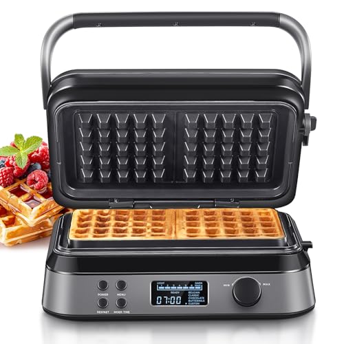Waffeleisen 1600W, Doppelwaffeleisen für Belgische Waffeln, 5 Programme, 7 Bräunungsstufen, Steuerung über LCD Display, Timer, Praktische Überlaufrille, Edelstahl (Black)