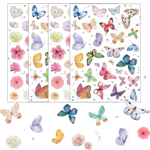 Canollo 4 Blätter Sticker Blumen und Schmetterlinge, 126 Stück Stickers Kinder Erwachsene, Aufkleber Blumen und Schmetterling Deko, Frühlingsthemen Scrapbook Stickers, DIY Aufkleber Set (Bunt)