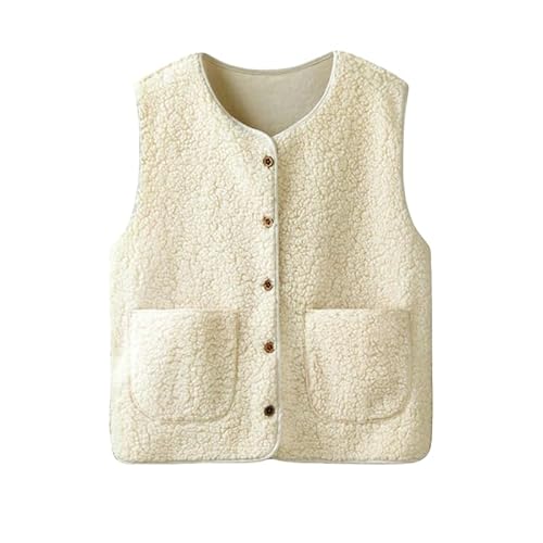 flintronic Teddy Fleece Weste Damen, Damen Ärmellose Fleeceweste, Ärmellos Fellweste Damen, Einfarbig V-Ausschnitt Knöpfen Fleeceweste, Damen Einfarbig V-Ausschnitt Knöpfen Teddy Weste, L