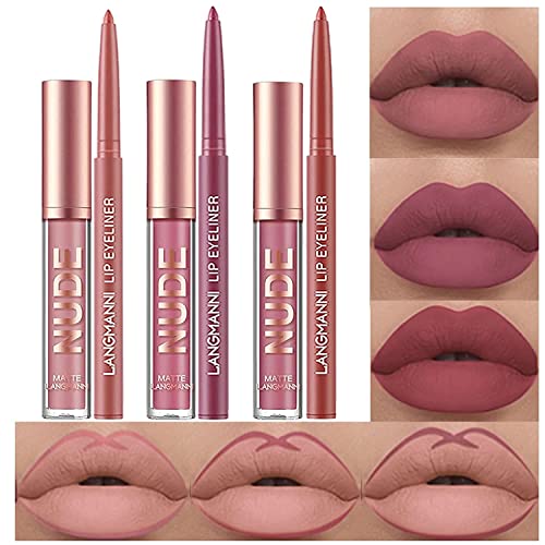 6 Stück Matt Lippenstift & Lip Liner Set, Velvety Nude Lipstick, Stay On 24 Hours Waterproof Non-Stick Cup Not Fade Liquid Lipstick, Lip Liner Lip Gloss Make Up Gift Set (Set C)