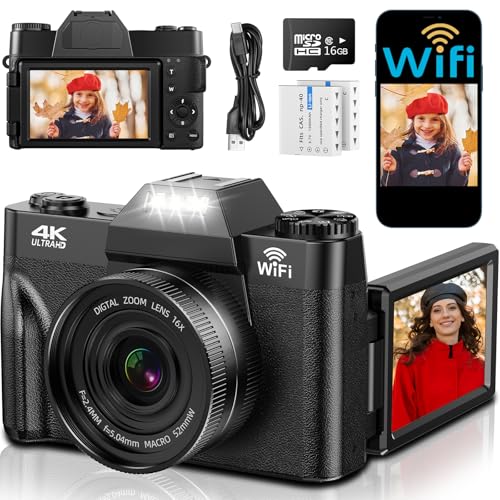 4K Digitalkamera mit WLAN, 75MP Kompaktkameras - 3 Inch 180 Grad Autofokus Wiederaufladbare Vlogging Fotoapparat Kamera mit WiFi Micro SD Karte &2 Akkus, 16X Digitalzoom für Anfänger