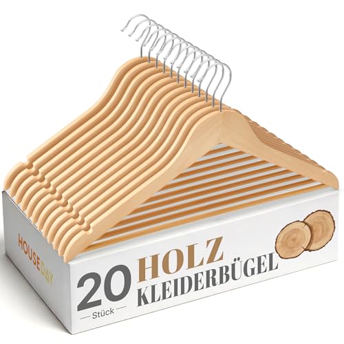 HOUSE DAY Kleiderbügel Holz 20 Stück, Stabile Holzkleiderbügel Natur