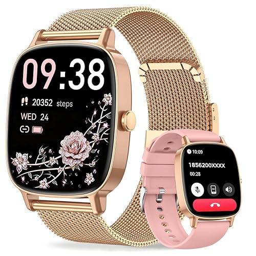 Smartwatch Damen mit Telefonfunktion, 1.85 Zoll HD Voll-Touchscreen Smartwatch, 120+ Sportmodi, IP68 Wasserdicht Fitness Tracker mit Herzfrequenz, Schlafmonitor für iOS Android(2 Armbändern)-Gold