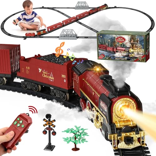 Eisenbahn Kinder Elektrisch Zug, Fernbedienung Dampfzug Spielzeug mit Rauch, Lichtern und Ton, Elektrische Eisenbahnsets für Kinder mit Eisenbahnbausätzen, Geschenke Zug Spielzeug für 3+ Jahren