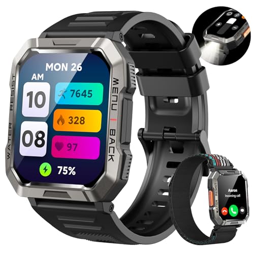 Smartwatch Herren Militär, 100 Tage Akku,Sportuhr mit Bluetooth-Anrufe,LED Taschenlampe,Kompass,100+ Sportmodi Fitness-Tracker,Herzfrequenz-SpO2-Schlaf-Monitor,2 Armbändern,Outdooruhr für Android iOS