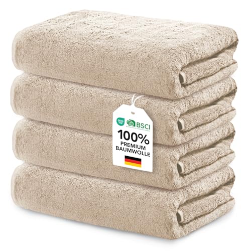Ôhm Duschtuch 70x140 cm – 4er Set, 100% Baumwolle 500 g/m², Beige – extra weich & saugstark für Dusche, Sauna & Wellness – Oeko-Tex Zertifiziert