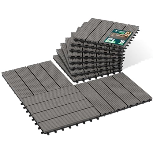 VOUNOT® 16 Stück WPC Terrassenfliesen 30x30 cm, Klickfliesen Outdoor Fliesen Balkonfliesen wetterfest mit Drainagefunktion, Bodenbelag rutschfest & zuschneidbar für Balkon & Terrasse, Grau