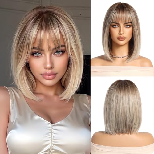 OUFEI Ombre Blonde Perücke Damen mit Pony Kurzer Bob Gerade Perücke Für Frauen Synthetisches Haar Perücken für Tägliche Party Cosplay Tragen