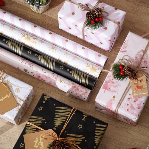 Geschenkpapier Weihnachten 4 Rollen Set, Gold geschenkpapier rolle, Weihnachtsgeschenkpapier Christmas Geschenkfolie Weihnachtspapier Xmas Wrapping Paper Mit Aufkleber Tags Papierseilen 43 * 300cm