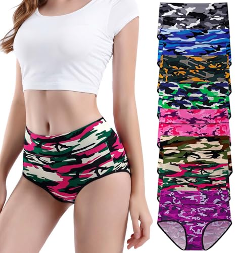 YOULEHE Unterhosen Damen Baumwolle Hohe Taille Weich Atmungsaktiv Unterwäsche (8er Pack-Tarnung, L)